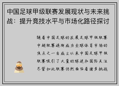 中国足球甲级联赛发展现状与未来挑战：提升竞技水平与市场化路径探讨