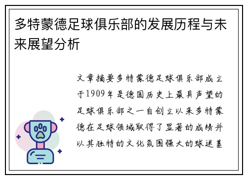 多特蒙德足球俱乐部的发展历程与未来展望分析