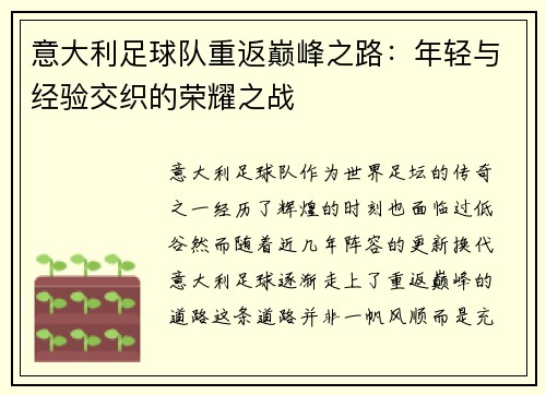 意大利足球队重返巅峰之路：年轻与经验交织的荣耀之战