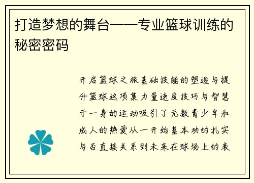 打造梦想的舞台——专业篮球训练的秘密密码