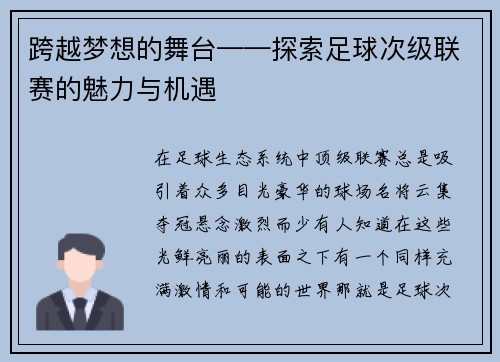 跨越梦想的舞台——探索足球次级联赛的魅力与机遇
