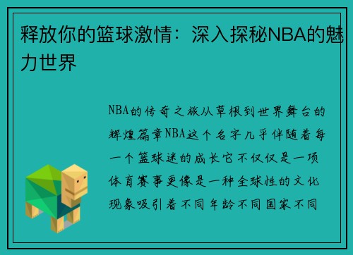 释放你的篮球激情：深入探秘NBA的魅力世界